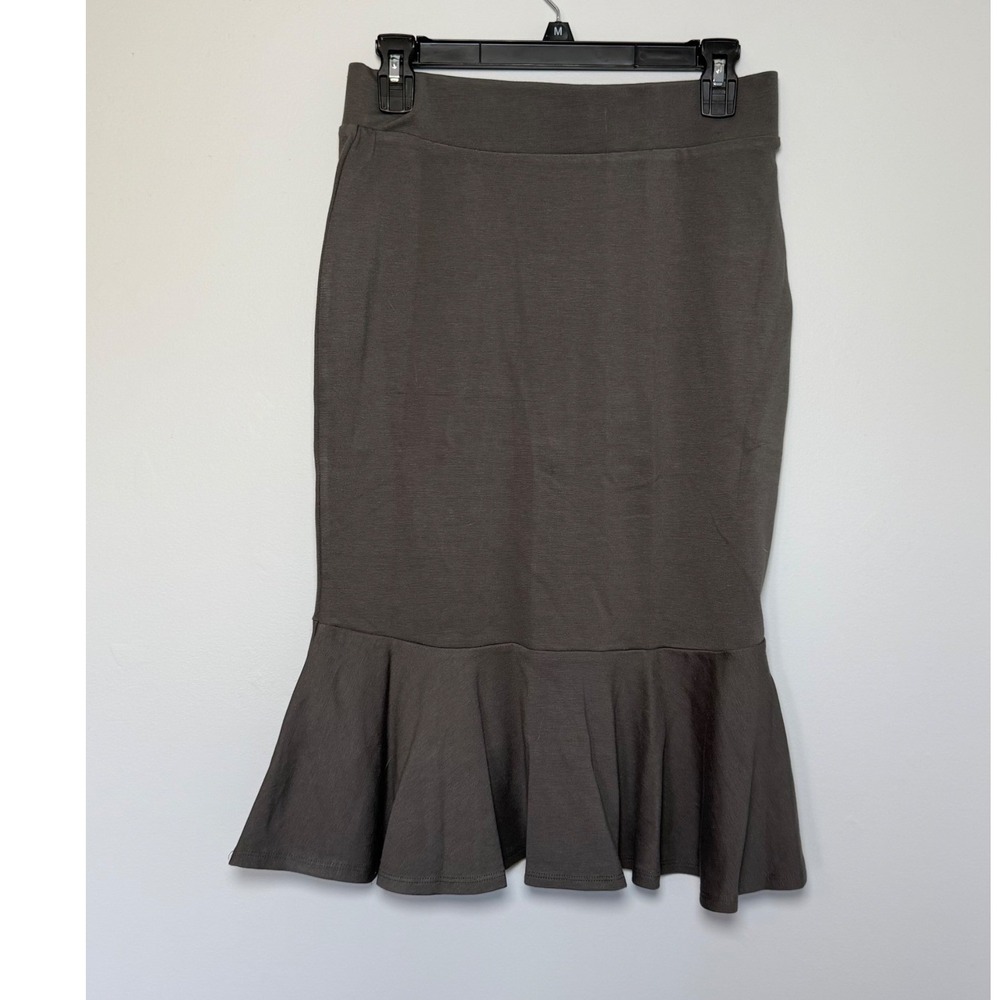 Zenana Outfitters Women's Olive Brown Stretch Pencil Skirt Ruffle Hem L